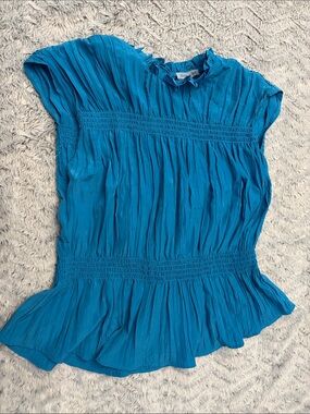 Blue Pleated Smocked Peplum Blouse